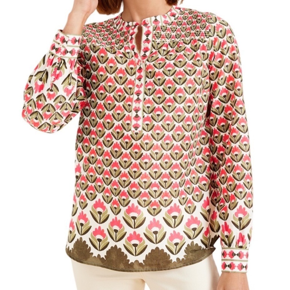 NWT Talbots Women's Floral Smocked Popover Cotton Blouse Top Long Sleeve Size XL